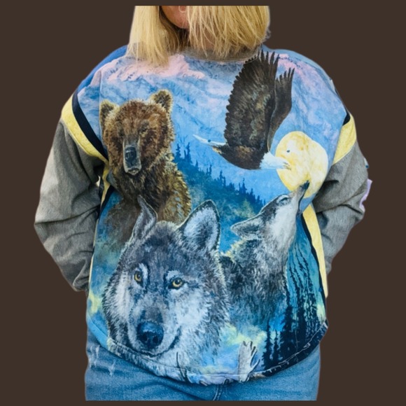 Handmade Tops - Upcycled Wildlife Patchwork Crewneck Handmade Quilt Rework Mountain Spirit Vibes